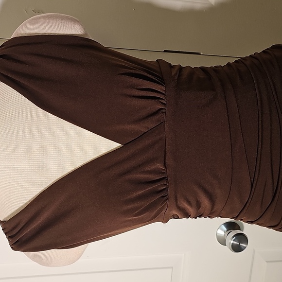 Y2K, Baby Doll Elegant Brown Sleeveless Dress. Rouched, Midi, Size Large. - Picture 2 of 7